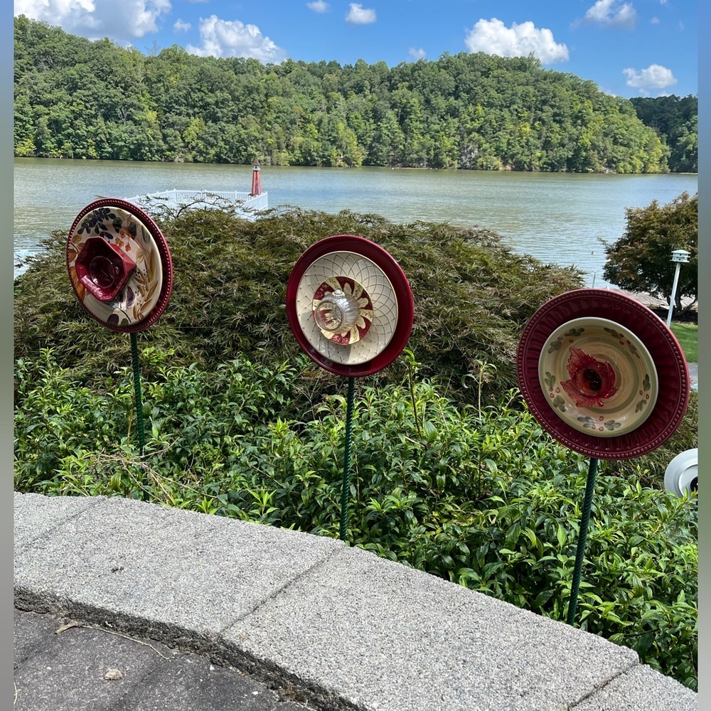 Fall Glass Garden Flowers, homemade, red, gold, green , orange garden decor